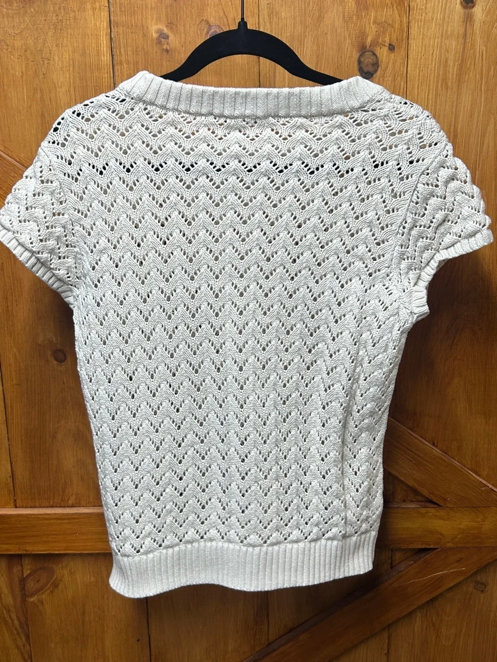 LOFT Cream Openwork Short Sleeve Crewneck Sweater